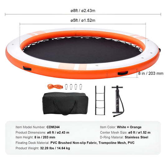 Inflatable Floating Dock Ø8Ft. Inflatable Dock Platform with Ø5Ft. Trampoline Mesh Pool Non-Slip Floating Platform Mat
