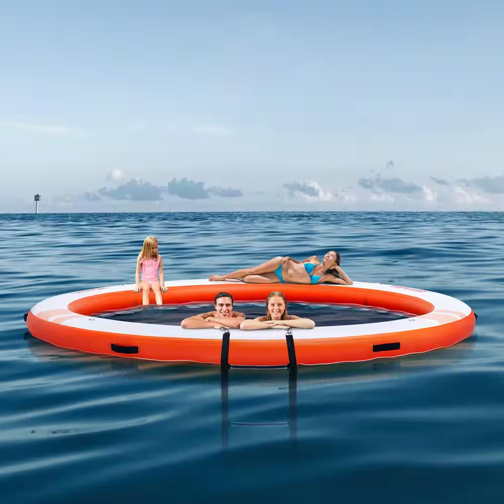 Inflatable Floating Dock Ø8Ft. Inflatable Dock Platform with Ø5Ft. Trampoline Mesh Pool Non-Slip Floating Platform Mat