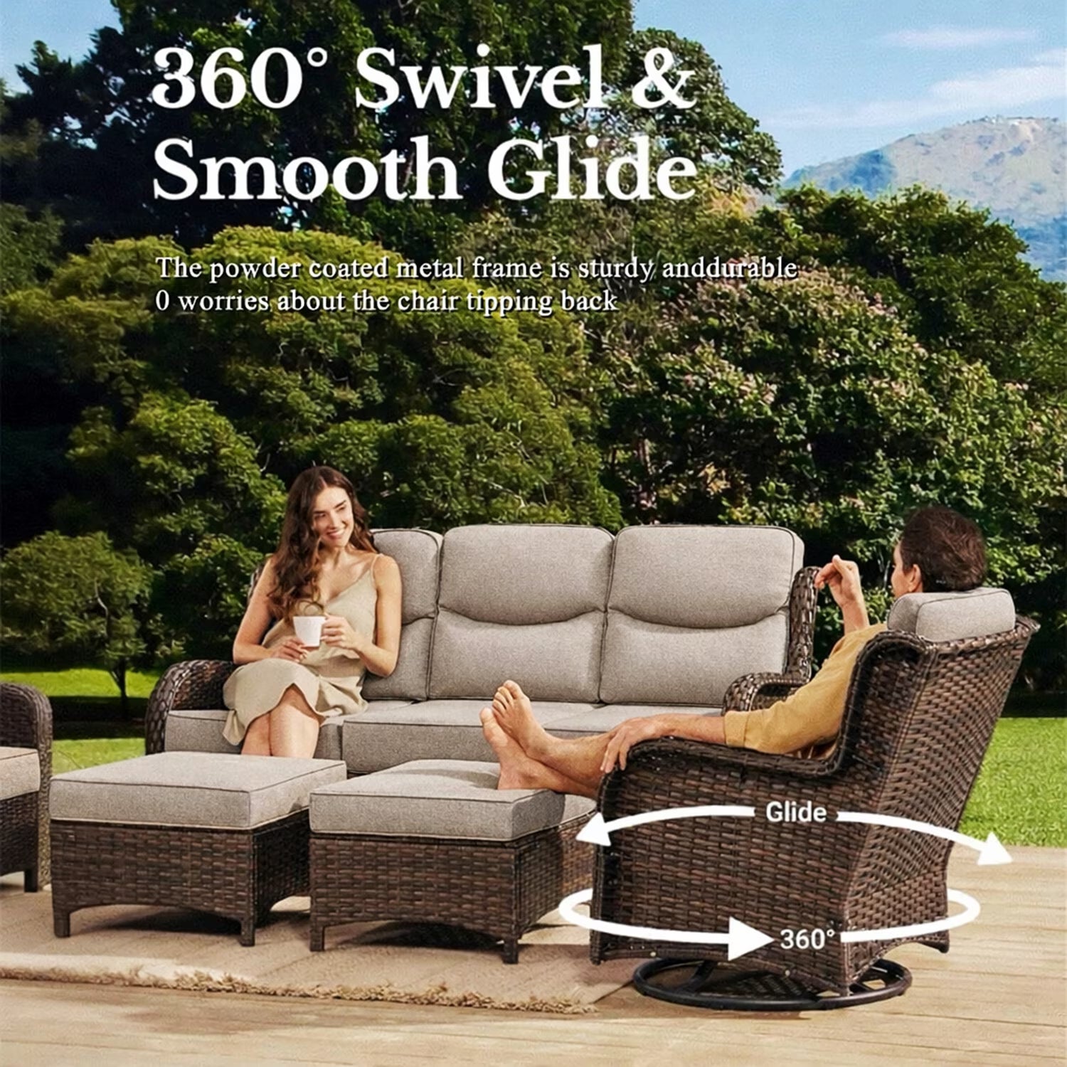 9 Pieces Patio Furniture Sets with Fire Pit Table,Swivel Chairs with 6" Thick Cushion,Sofa and Ottomans,Patio Conversation Sets for Porch Deck Garden Backyard