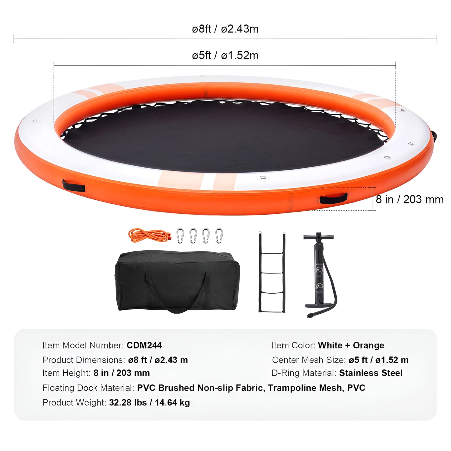 Inflatable Floating Dock Ø8Ft. Inflatable Dock Platform with Ø5Ft. Trampoline Mesh Pool Non-Slip Floating Platform Mat