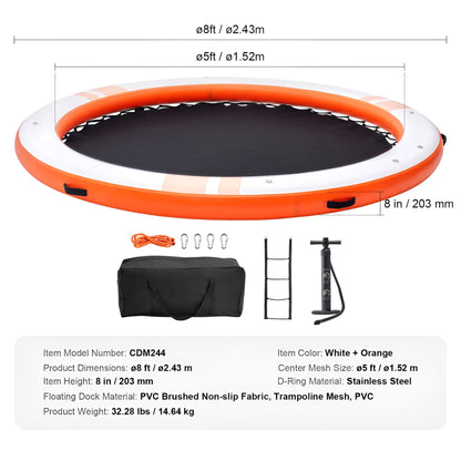 Inflatable Floating Dock Ø8Ft. Inflatable Dock Platform with Ø5Ft. Trampoline Mesh Pool Non-Slip Floating Platform Mat