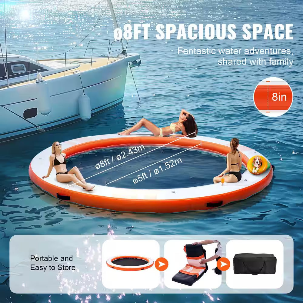 Inflatable Floating Dock Ø8Ft. Inflatable Dock Platform with Ø5Ft. Trampoline Mesh Pool Non-Slip Floating Platform Mat