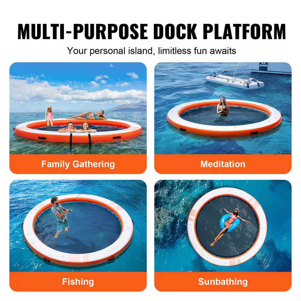 Inflatable Floating Dock Ø8Ft. Inflatable Dock Platform with Ø5Ft. Trampoline Mesh Pool Non-Slip Floating Platform Mat