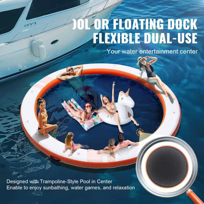 Inflatable Floating Dock Ø8Ft. Inflatable Dock Platform with Ø5Ft. Trampoline Mesh Pool Non-Slip Floating Platform Mat