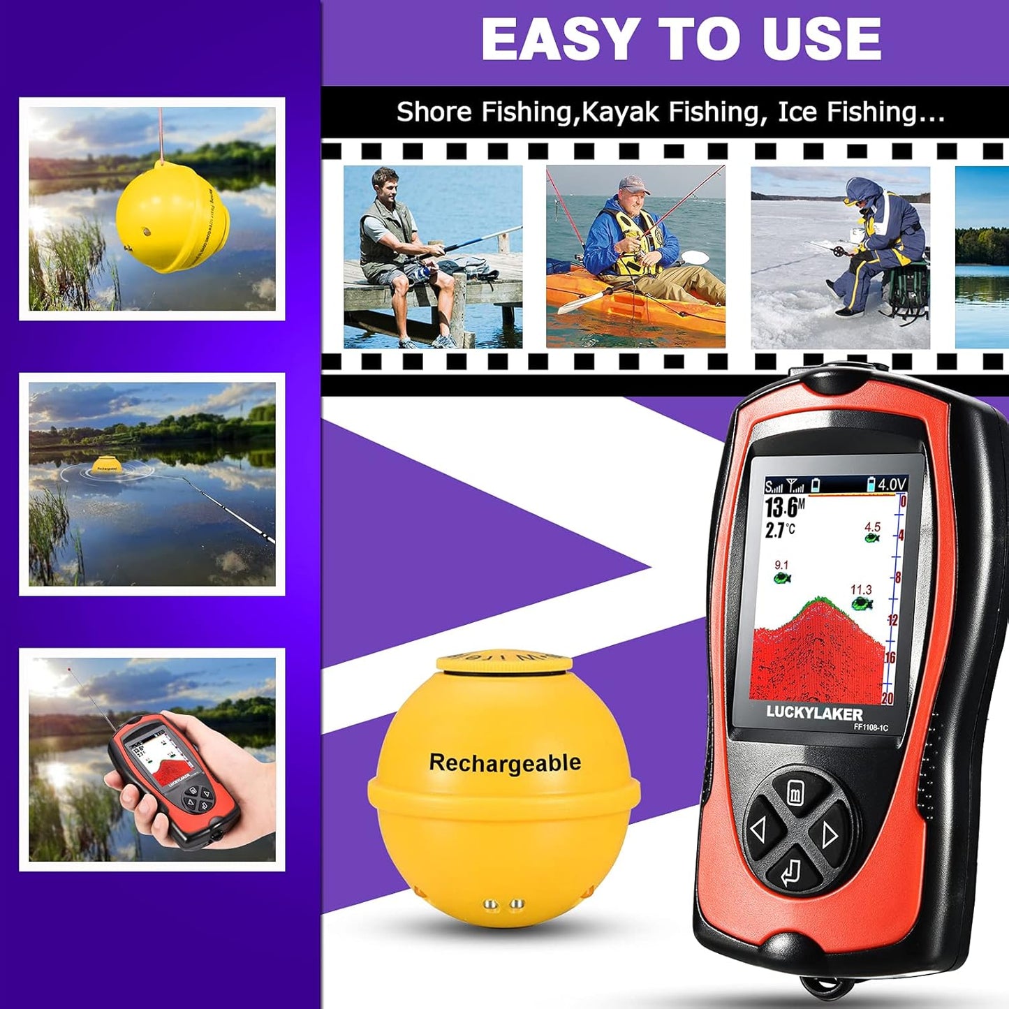Portable Sonar Fish Finder with LCD Screen - Wireless Depth Finder for Kayak