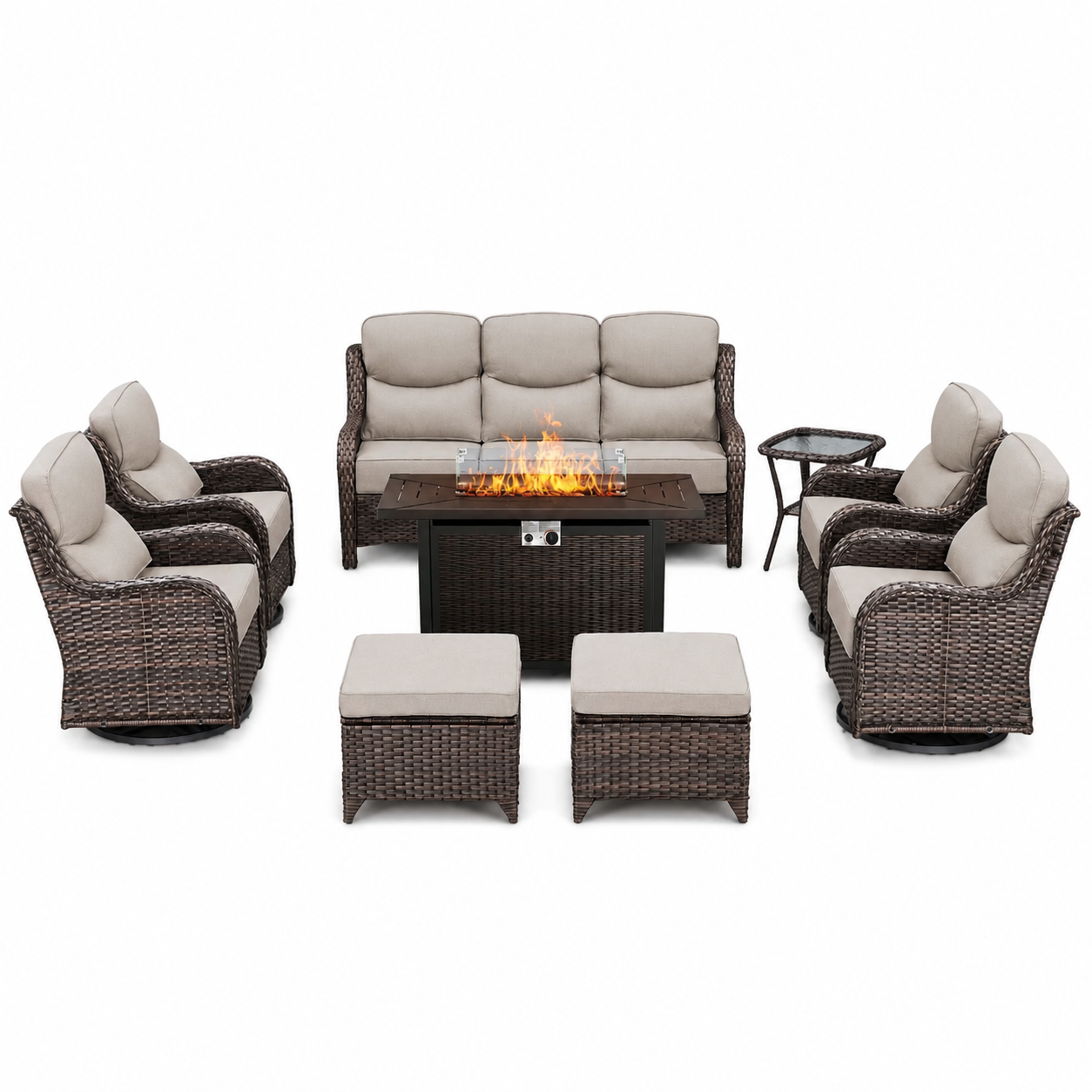 9 Pieces Patio Furniture Sets with Fire Pit Table,Swivel Chairs with 6" Thick Cushion,Sofa and Ottomans,Patio Conversation Sets for Porch Deck Garden Backyard