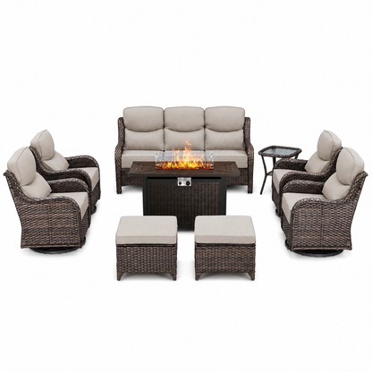 9 Pieces Patio Furniture Sets with Fire Pit Table,Swivel Chairs with 6" Thick Cushion,Sofa and Ottomans,Patio Conversation Sets for Porch Deck Garden Backyard